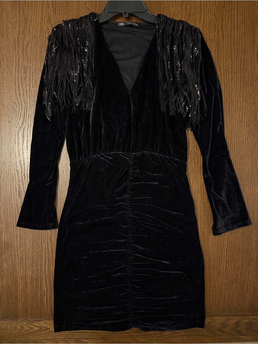 Zara Black Velvet Long-Sleeve V-Neck Ruched Dress with Fringe Shoulders